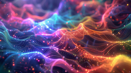 Poster - abstract digital background with colorful glowing mesh, networking data connectivity internet communication technology futuristic cyber tech wallpaper 