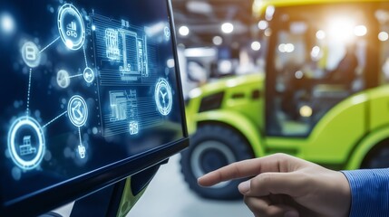 Poster - A hand interacting with a touchscreen display showing tractor controls and data, symbolizing innovation and technology in modern agriculture, Generative AI