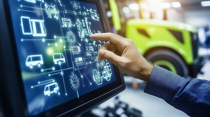 Poster - A hand interacting with a touchscreen display showing tractor controls and data, symbolizing innovation and technology in modern agriculture, Generative AI