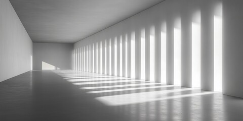 Poster - A minimalist room with long columns of light and shadows, showcasing geometric simplicity, modern design, and bright open space in a futuristic setting, Generative AI