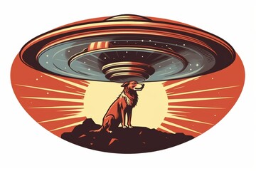 Poster - Minimalist illustration featuring a dog inside a flying saucer against a clean white background