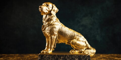 Poster - A golden statue of a dog sitting on a marble base