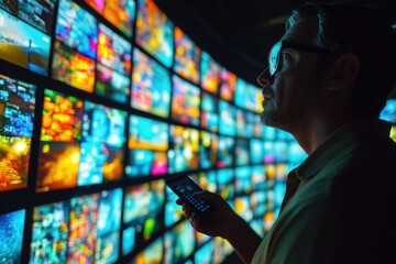 Aufkleber - A person holding a remote control in front of multiple TV screens, possibly in a media room or entertainment area