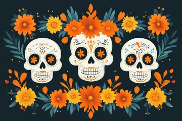 Aufkleber - A trio of colorful sugar skulls decorated with vibrant flowers and leaves