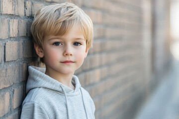 Poster - Young boy resting against a brick wall, casual and relaxed