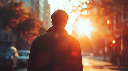 Wall Mural - A person strolling on the sidewalk as the sun sets behind buildings, great for urban or travel-themed projects