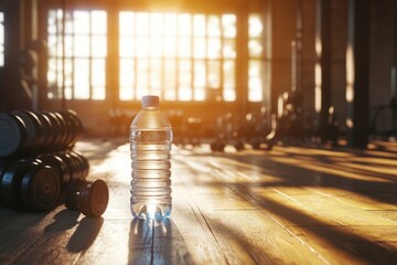 Poster - A clear plastic water bottle sits on top of a wooden floor, ready for use