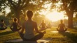 © DesignByGade - Women in a yoga class meditate outdoors in the golden hour.