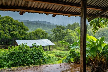 Poster - A house with a covered porch, surrounded by nature's beauty on a rainy day