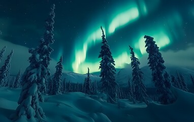 Wall Mural - Vibrant green aurora borealis lights up the night sky over a snowy forest.