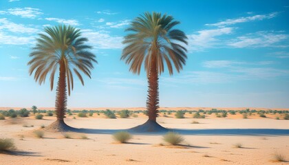 Serene desert landscape featuring two majestic palm trees beneath a vivid blue sky