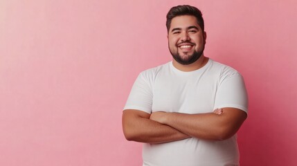 joyful young hispanic plus size body positive male man boy guy 30s in white blank design casual t-shirt posing color background studio portrait, ai