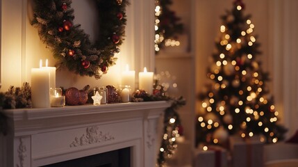 Cozy Christmas scene with a decorated mantelpiece adorned with candles and a wreath, while a glowing Christmas tree stands in the background, creating a warm ambiance.