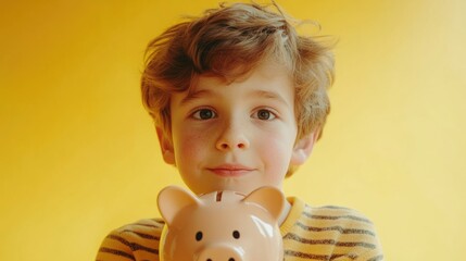 Canvas Print - A young boy holds a piggy bank with coins inside