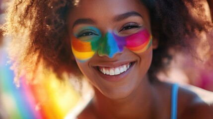 Poster - A smiling woman with a colorful rainbow painted on her face, perfect for illustrating positivity and creativity