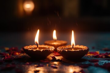 Poster - Three lit candles placed on a table with a simple background