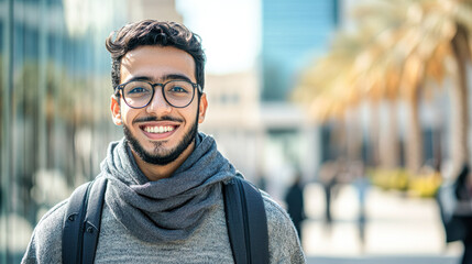 Poster - A man wearing glasses and a scarf is smiling for the camera