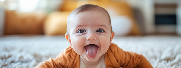 Poster - A baby is laying on the floor with its tongue sticking out