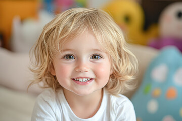 Wall Mural - A young blonde child with a big smile on his face