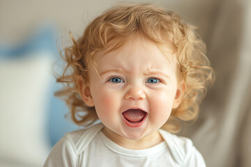 Wall Mural - A baby with blonde hair and blue eyes is smiling and making a funny face