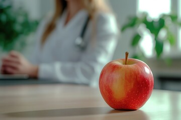 Sticker - A single red apple placed on top of a wooden table, great for food or still life photography