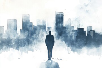 Poster - A person standing in front of a modern city skyline with tall buildings and busy streets