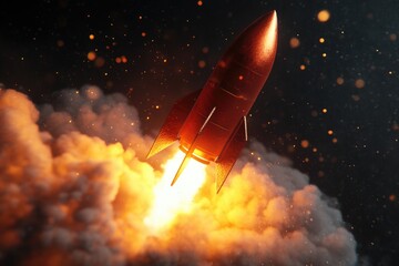 Aufkleber - A red rocket blasts off from the launchpad into the clear blue sky