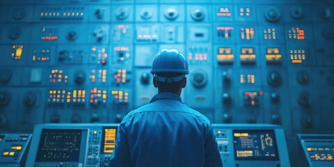 Wall Mural - A worker wearing a hard hat stands in front of a control panel with various instruments and buttons