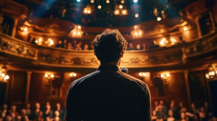 Poster - A person standing in front of a crowd in a theatre, possibly giving a performance or presentation