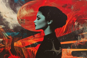 Canvas Print - A woman stands under a bright red moon, compact and straightforward description