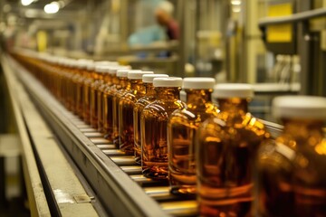 Poster - Production line with glass syrup bottles being transported along a conveyor belt