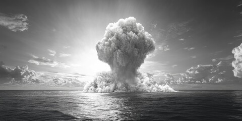 Canvas Print - A dramatic black and white photo of a massive mushroom cloud, often seen in weather events or nuclear explosions