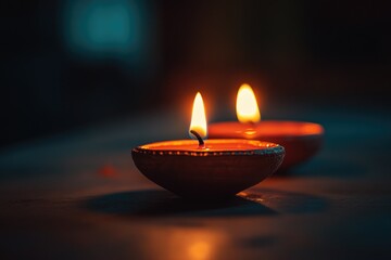 Aufkleber - A couple of lit candles placed on top of a wooden table