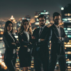 Poster - A group of four people in suits are standing together in a city at night