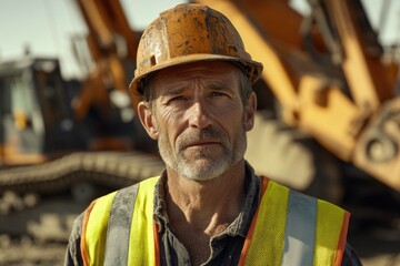 Poster - A person wearing a hard hat stands near a heavy machinery, suitable for construction or excavation scenes