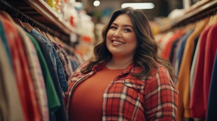 Plus size woman is choosing clothes in a store. She looks happy as she chooses