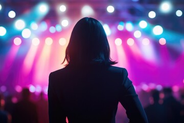 Poster - A woman stands confidently in front of a stage lit up with bright lights, perfect for concerts, presentations, or performances