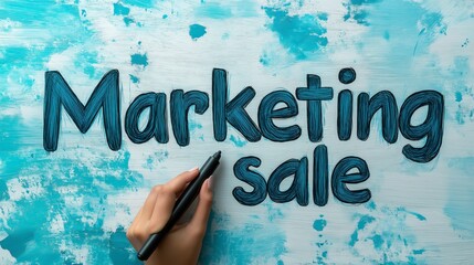 Hand writing Marketing Sale on a blue background, representing creativity, branding, and business strategies for successful marketing campaigns and promotions, Generative AI