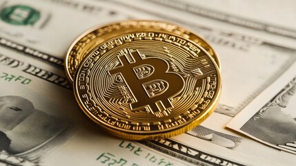 Poster - A bitcoin symbol sits atop a stack of cash, representing wealth and financial success