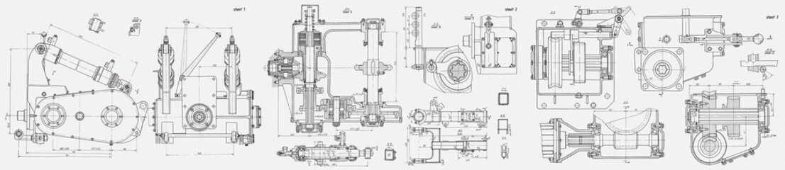 Wall Mural - Technical drawing with set of mechanical parts of bulldozer,
tracked (crawler) earthmoving machine, excavator, tractor.
Engineering technology design. Industrial cad 
scheme on white paper sheet. 