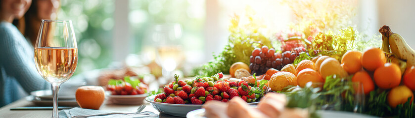 Canvas Print - A table with a variety of fruits and vegetables, including oranges, bananas