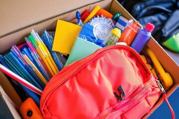 Sticker - A box filled with school supplies including pens and pencils, useful for education or office settings