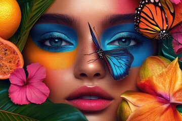 Poster - A close-up shot of a woman with a butterfly resting on her face