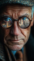 Fototapete - Closeup of an eye reflecting a glowing city skyline in eyeglasses, symbolizing urban growth, futuristic technology, and modern city life at night, Generative AI