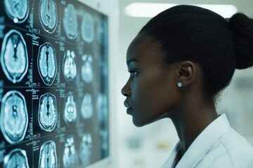 Sticker - A woman in a white coat examines MRI scans, useful for medical and scientific concepts