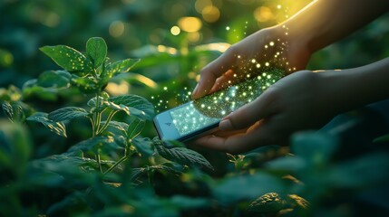 Aufkleber - Hands holding a smartphone with magical glowing sparks, highlighting the fusion of nature and technology in modern agriculture and innovation, Generative AI