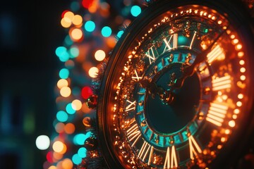Poster - A detailed view of a clock face with colorful lights shining in the background