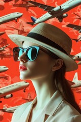 Poster - A woman standing in front of a unique display of airplanes on a wall, perfect for aviation or travel themes