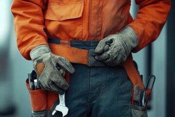 Poster - A worker in bright orange overalls holds a wrench, ready to get the job done