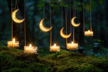 Wall Mural - Group of candles sitting in green grass, natural environment